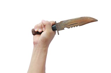 El tutma paslı eski bıçak izole beyaz bir arka plan üzerinde siyah deri saplı