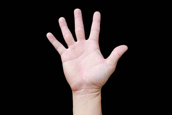 Een hand toont in signaal van papier of nummer vijf op zwarte achtergrond. — Stockfoto