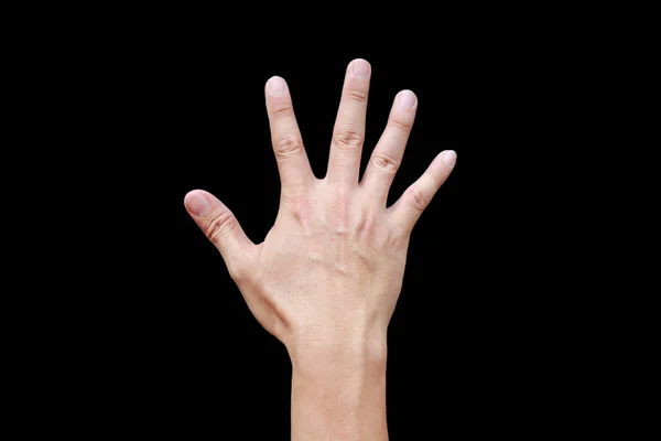 Een hand toont in signaal van papier of nummer vijf op zwarte achtergrond. — Stockfoto
