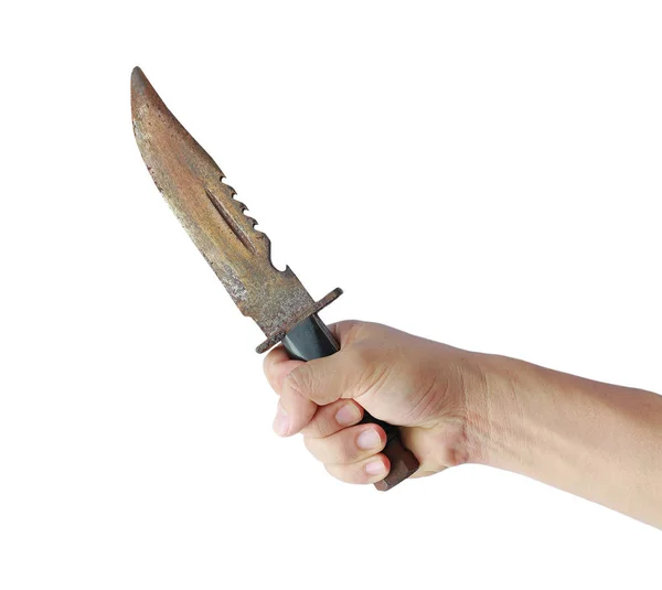 Hand hält rostiges altes Messer mit schwarzem Ledergriff isoliert auf weißem Hintergrund — Stockfoto