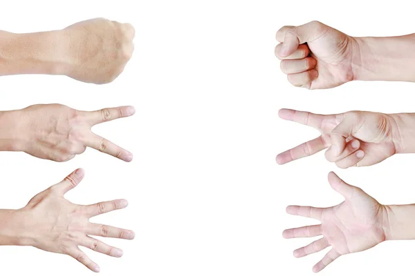 Många händer Rock, Paper, sax - händer på vit bakgrund, kreativa koncept. — Stockfoto