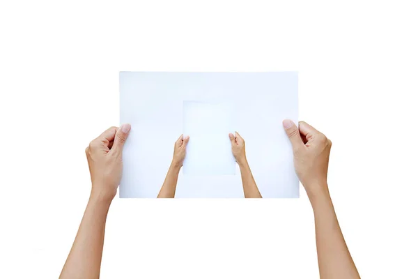 Hands holding crumpled and sheet of paper isolated on white background. — Stock Photo, Image