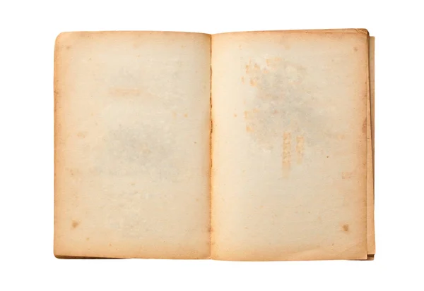 En gammal öppen bok med tomma gul färgade sidor isolerade på vit bakgrund — Stockfoto