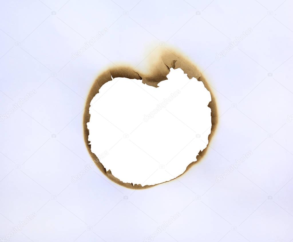 Frame of burned hole in paper like a heart.