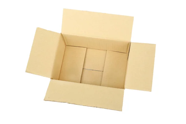 Caixa de papelão aberta isolada sobre fundo branco — Fotografia de Stock