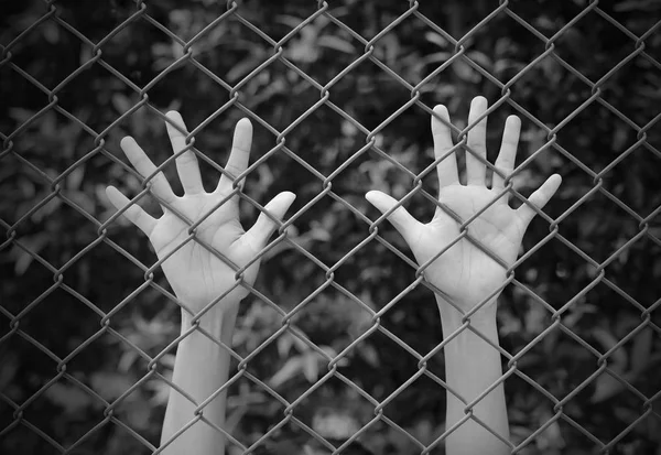 Female Hands touching iron mesh, black and white tone — Stock Photo, Image