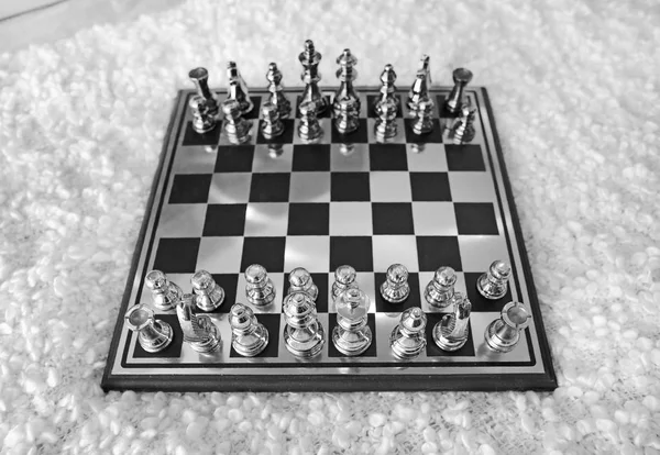 Chess board with chess pieces, black and white tone — Stock Photo, Image