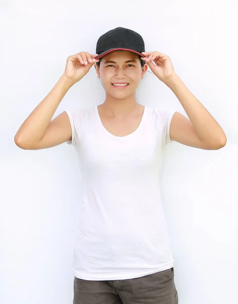 Mulheres asiáticas usam esporte casual T-Shirt e boné — Fotografia de Stock