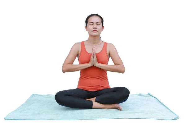 Ásia jovem mulher fazendo ioga exercícios isolado no branco fundo — Fotografia de Stock
