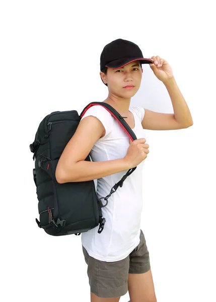 Asian girl with bag going on a journey on white background — Stock Photo, Image