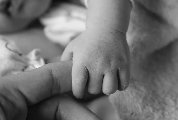 Primer plano de la mano del bebé sosteniendo el dedo de la madre con ternura, blanco y negro — Foto de Stock