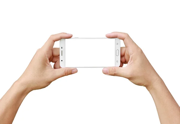 Beyaz ekran ile hareket eden smartphone tutan el. Mobil fotoğraf kavramı. Beyaz izole. — Stok fotoğraf