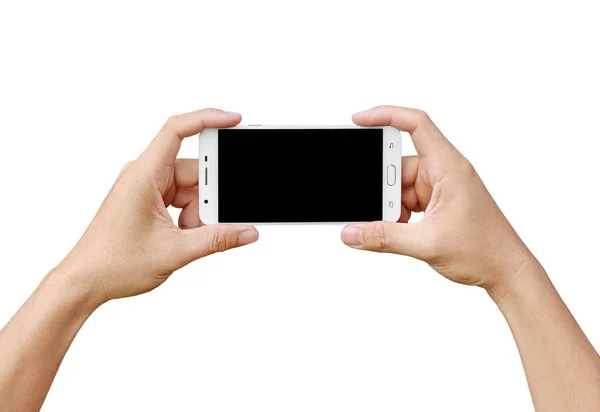 Mano celebración de teléfono inteligente móvil con pantalla en blanco. Concepto de fotografía móvil. Aislado sobre blanco . — Foto de Stock