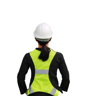 Beyaz arka plan üzerinde izole kadın inşaat işçisi arkadan görünüm