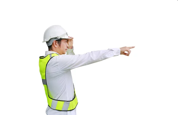 Hombre trabajador de la construcción señalando aislado sobre fondo blanco — Foto de Stock