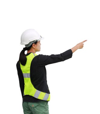 izole üzerinde beyaz arka plan işaret eden kadın inşaat işçisi