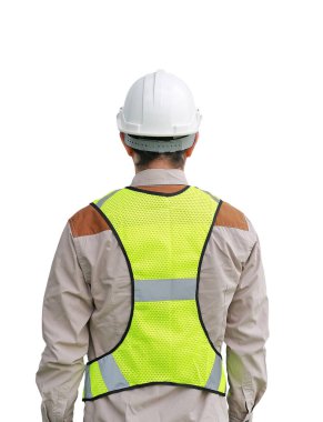 Beyaz arka plan üzerinde izole erkek inşaat işçisi arkadan görünüm