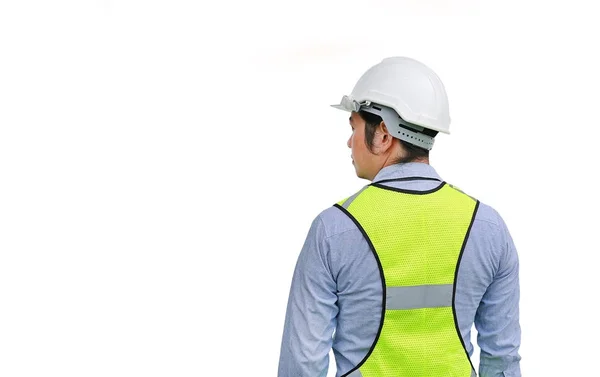 Rückseite des männlichen Bauarbeiters isoliert auf weißem Hintergrund — Stockfoto