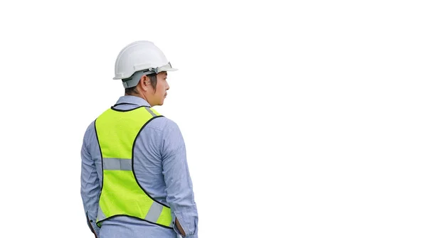 Vista posterior del trabajador de la construcción masculino aislado sobre fondo blanco — Foto de Stock