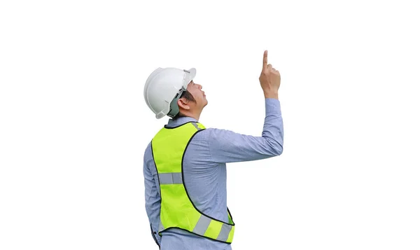 Hombre trabajador de la construcción apuntando hacia arriba aislado sobre fondo blanco — Foto de Stock