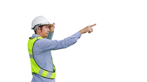 Hombre trabajador de la construcción señalando aislado sobre fondo blanco — Foto de Stock