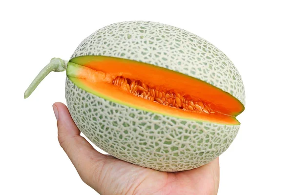 Melon cantaloup partiellement coupé sur fond blanc — Photo