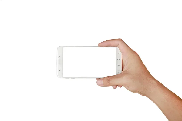 Smartphone portatile con una mano e schermo bianco. Concetto fotografia mobile. Isolato su bianco . — Foto Stock