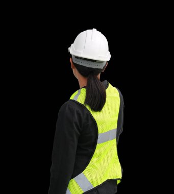 Siyah arka plan üzerine izole kadın inşaat işçisi arkadan görünüm