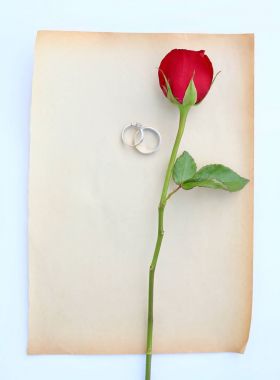 Alyans eski kahverengi kağıt beyaz arka plan üzerinde kırmızı gül çiçek.