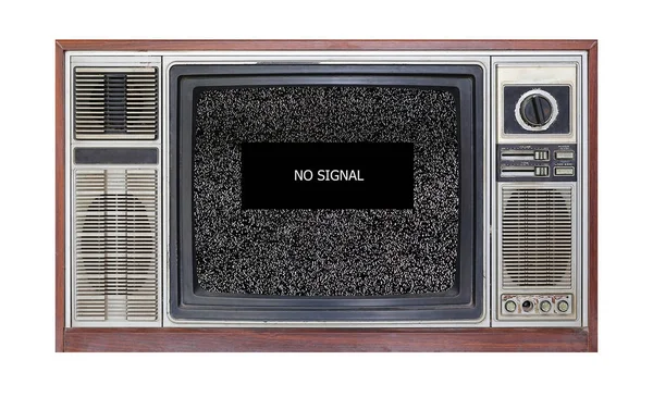 Retro television on white background with image of television grainy noise effect and text \