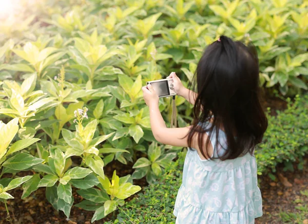 Kız Çocuk Bahçesinde Odak Fotoğraf Makinesi Kamera Resim Çekme — Stok fotoğraf