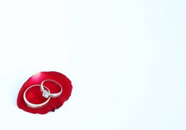 Alyans beyaz arka plan kopya alanı ile kırmızı gül yaprakları üzerinde.