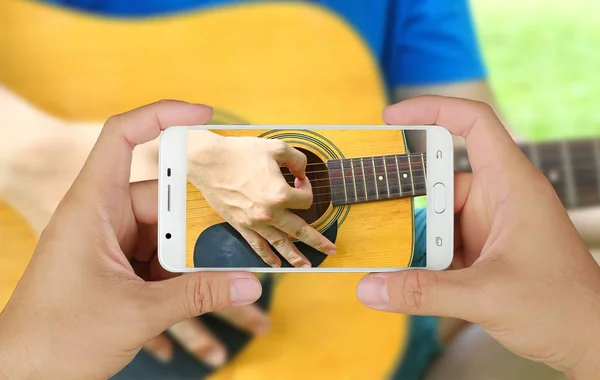 Hands Taking Picture Man Playing Guitar Smartphone — Stock Photo, Image