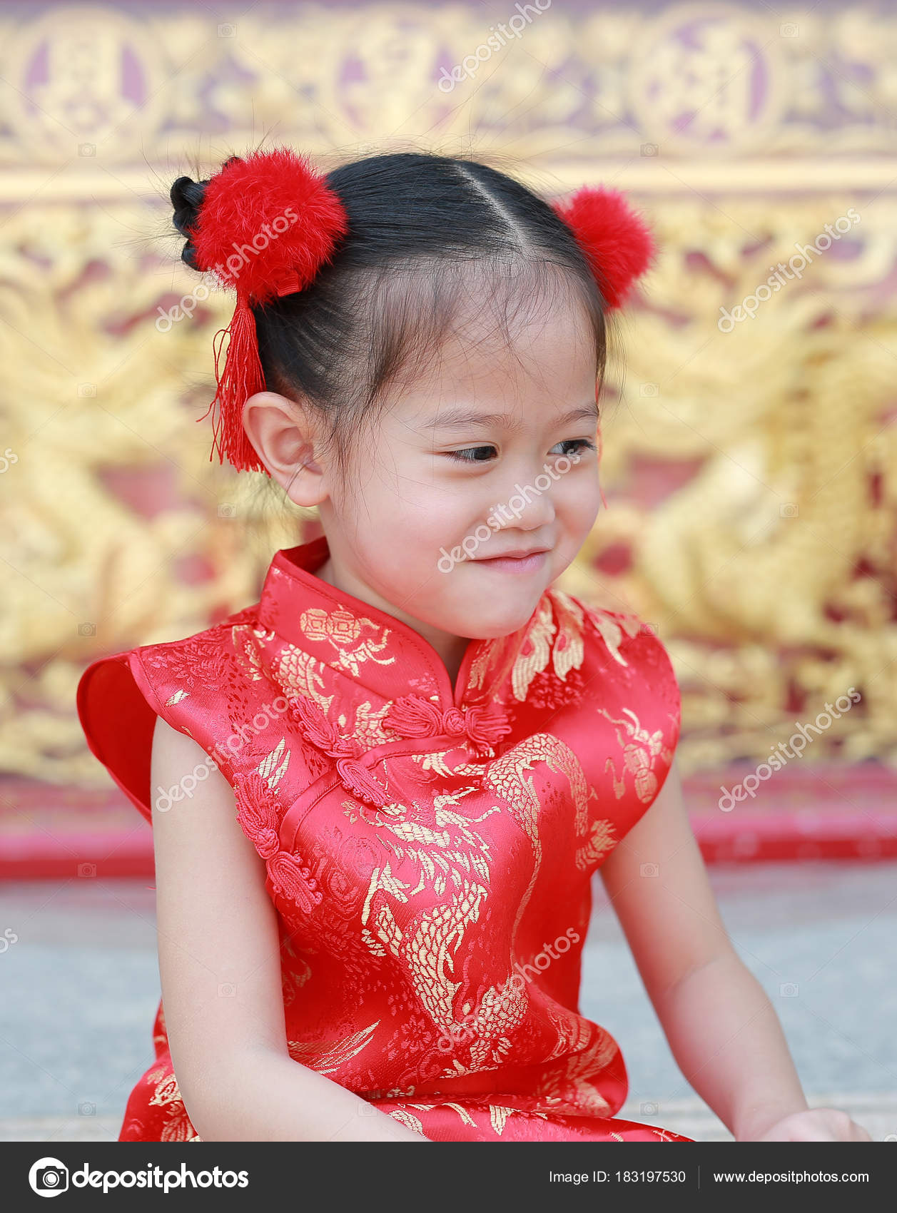 Smiling Little Asian Girl Cheongsam Traditional Chinese New Year
