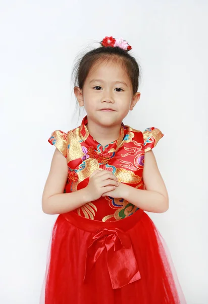 Bonne Petite Fille Asiatique Enfant Portant Cheongsam Rouge Avec Geste — Photo