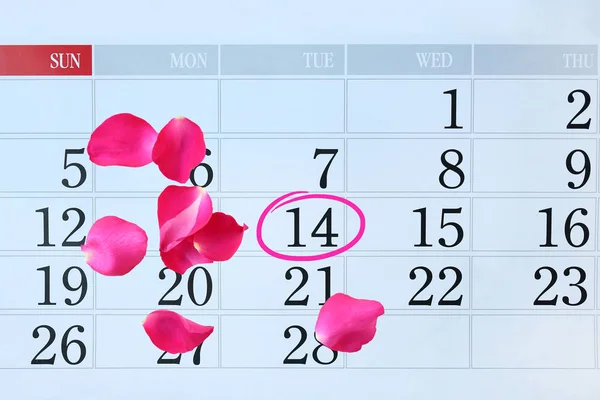 Page Calendrier Avec Pétales Roses Rose Cercle Rose Marque Février — Photo