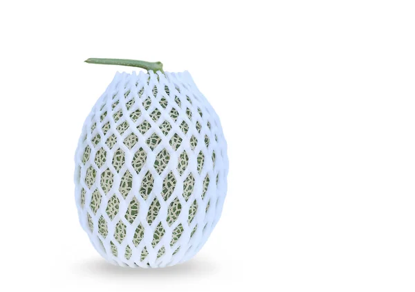 Japanische Grüne Cantaloup Melone Wurde Mit Kunststoffnetz Auf Weißem Hintergrund — Stockfoto
