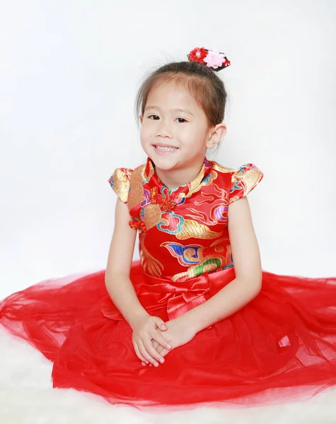 Portrait Visage Petite Fille Asiatique Dans Cheongsam Sur Traditionnel Chinois — Photo