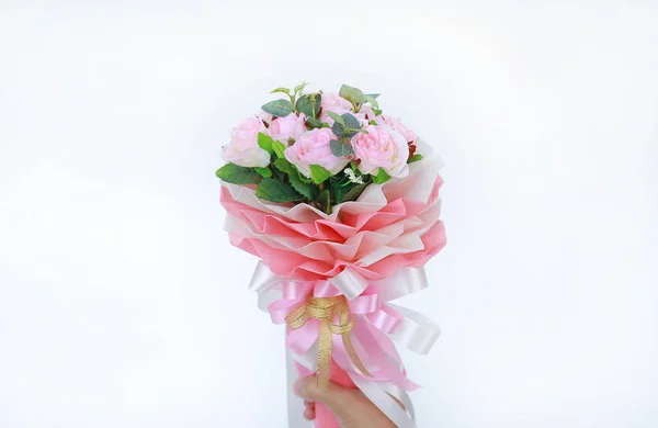 Woman Hands Holding Artificial Pink Roses Bouquet Isolated White Background — Stock Photo, Image