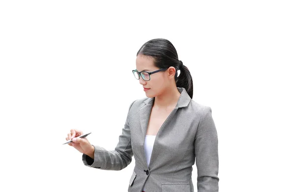 Young Business Woman Using Pen Writing Air Isolated White Background — Stock Photo, Image