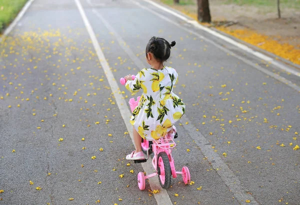 Милая Маленькая Девочка Катается Велосипеде Парке Вид Сзади — стоковое фото