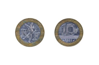 Beyaz arka plan üzerinde izole 10 Fransız Frangı para.