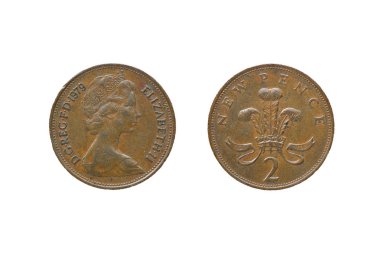 İngiliz Queen Elizabeth II 1979 2 yeni peni bozuk para beyaz arka plan, ön ve arka izole