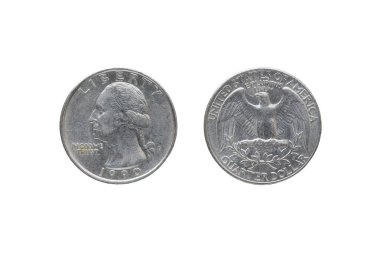 Yirmi beş Amerikan sent (çeyrek dolar) üzerinde beyaz izole arka plan, ön ve arka