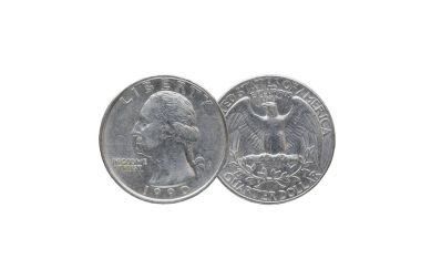 Yirmi beş Amerikan sent (çeyrek dolar) üzerinde beyaz izole arka plan, ön ve arka