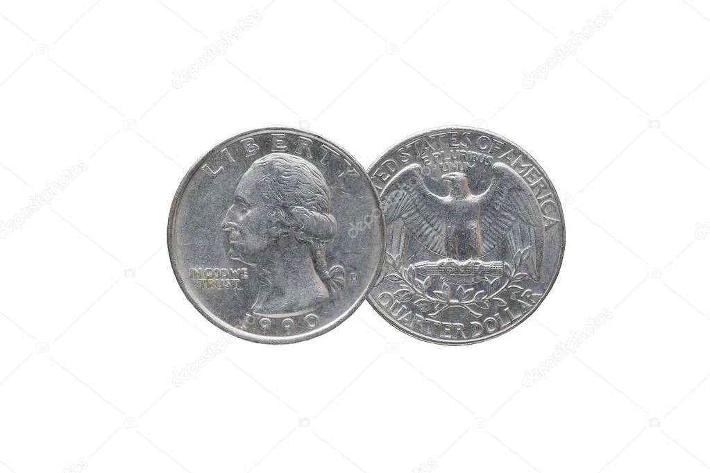 Twenty five American cents (Quarter Dollar) isolated on white background, front and back