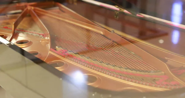 Grand Piano Strängar Med Speglar Glas Fokusera Center Strings — Stockfoto