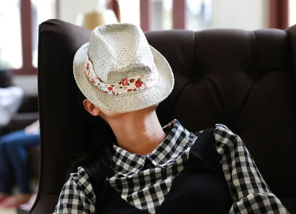 Young Asian Woman Sleeping Hat Face Library — Stock Photo, Image