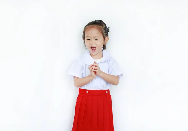 Retrato Ásia Criança Escola Uniforme Isolado Branco Fundo — Fotografia de Stock