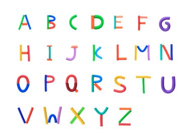 Beyaz arka plan üzerinde renkli çamurdan yapılmış alfabe kümesi izole.